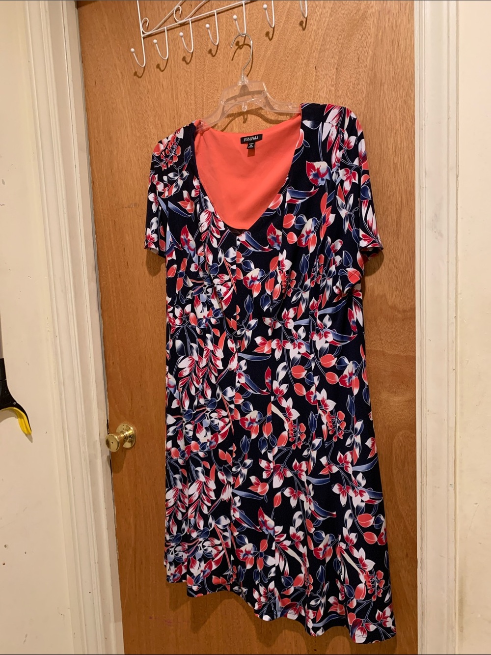 Roz & Ali Navy Floral Midi Dress with Coral Lining